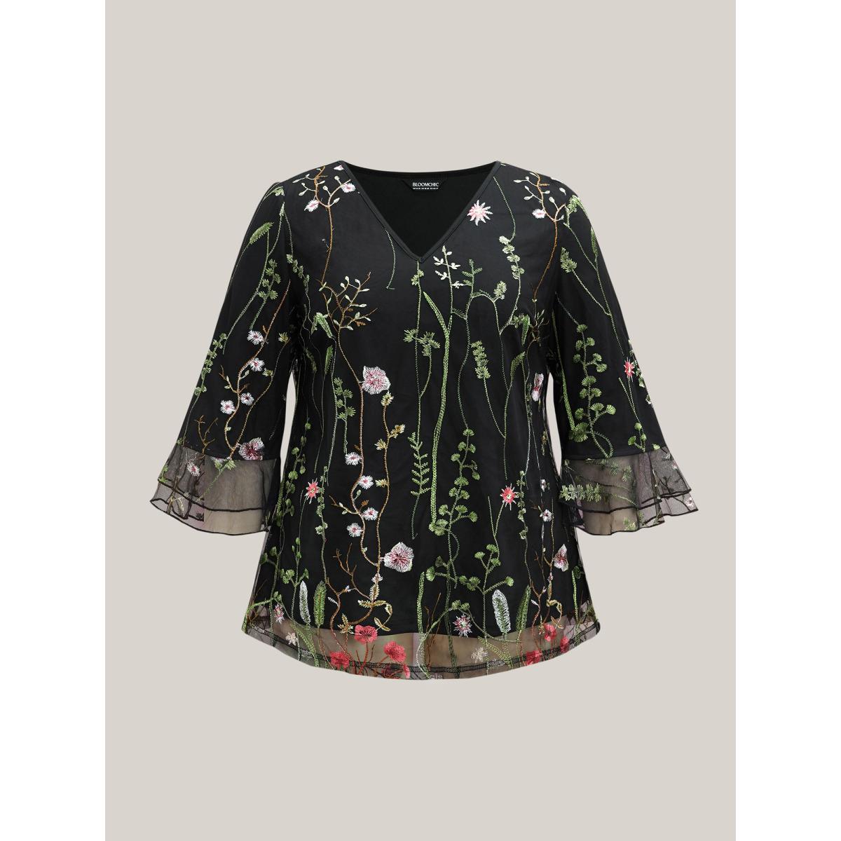 Plus Size Black Embroidered Mesh Lotus Leaf Sleeve Blouse Women Elegant Elbow-length sleeve V-neck Everyday Blouses BloomChic 28/5X Product Image