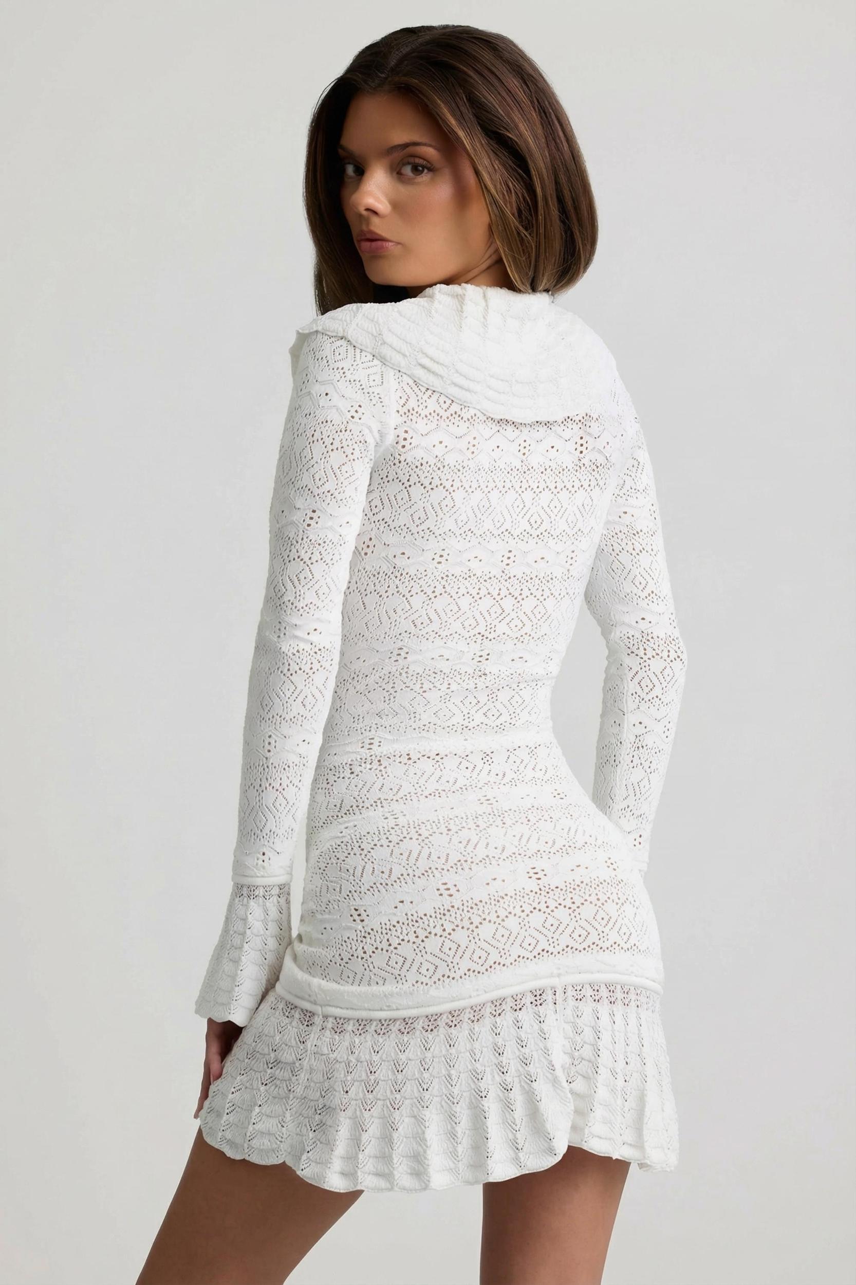 Ruffle-Trim Pointelle-Knit Mini Dress in White Product Image