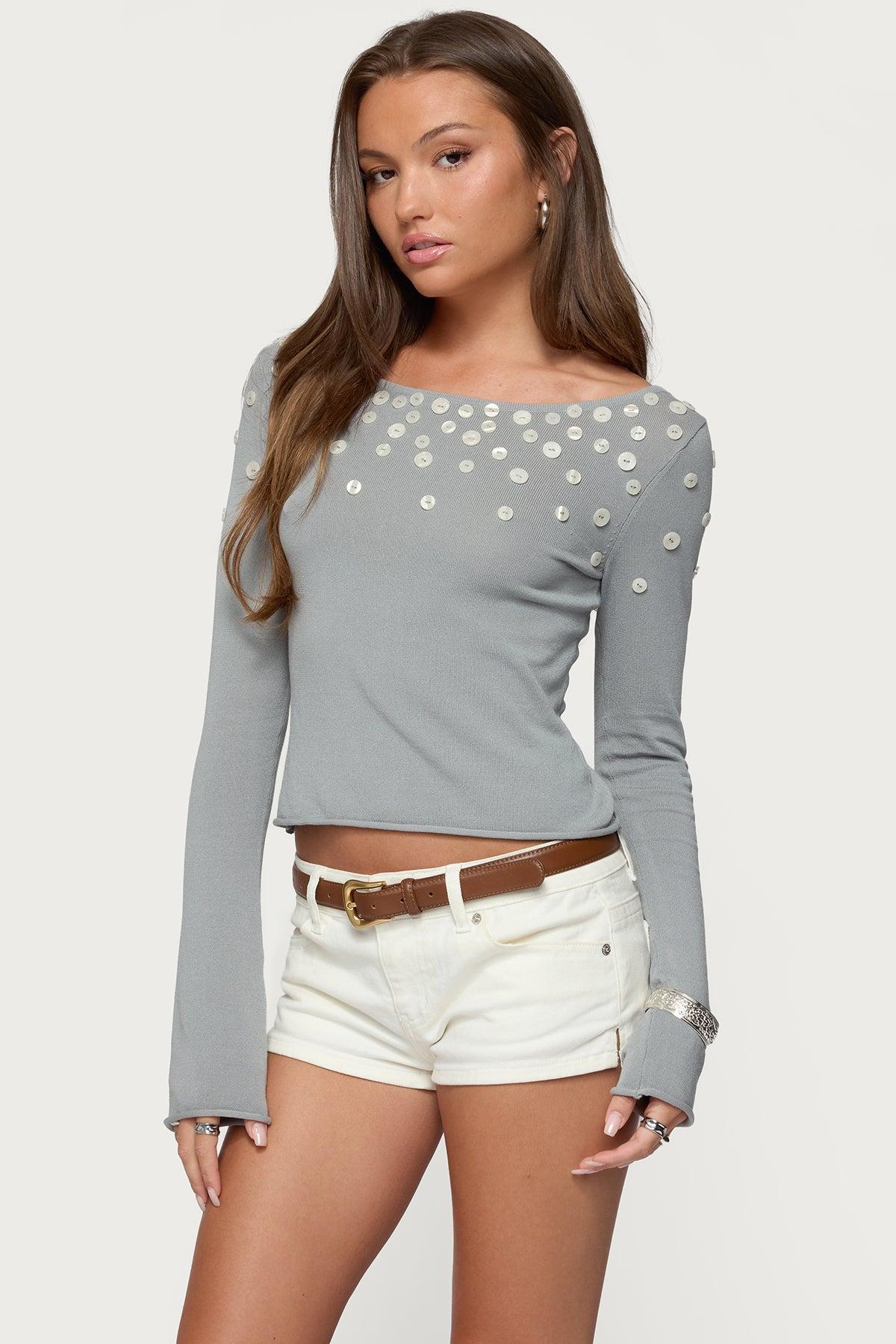 Iridescent Button Boat Neck Top Product Image