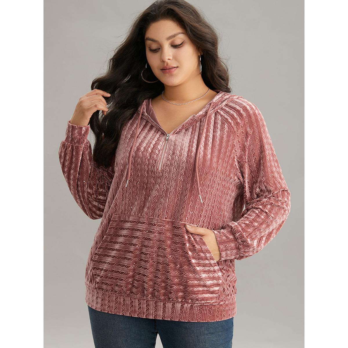 Plus Size Textured Sequin Velvet Half Zip Pocket Sweatshirt Women DustyPink Casual Velvet Hooded Everyday Sweatshirts BloomChic 10/M Product Image