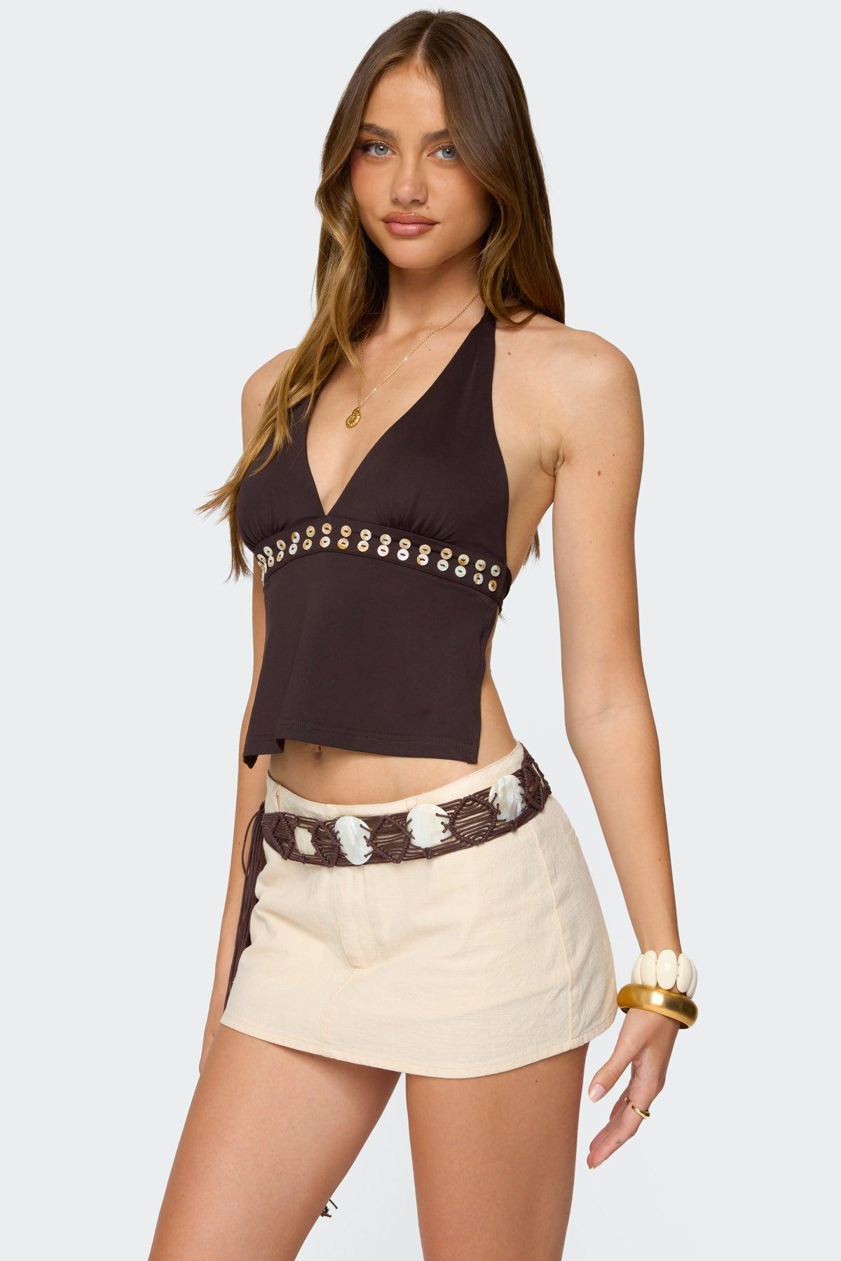 Pearlsy Button Backless Halter Top Product Image
