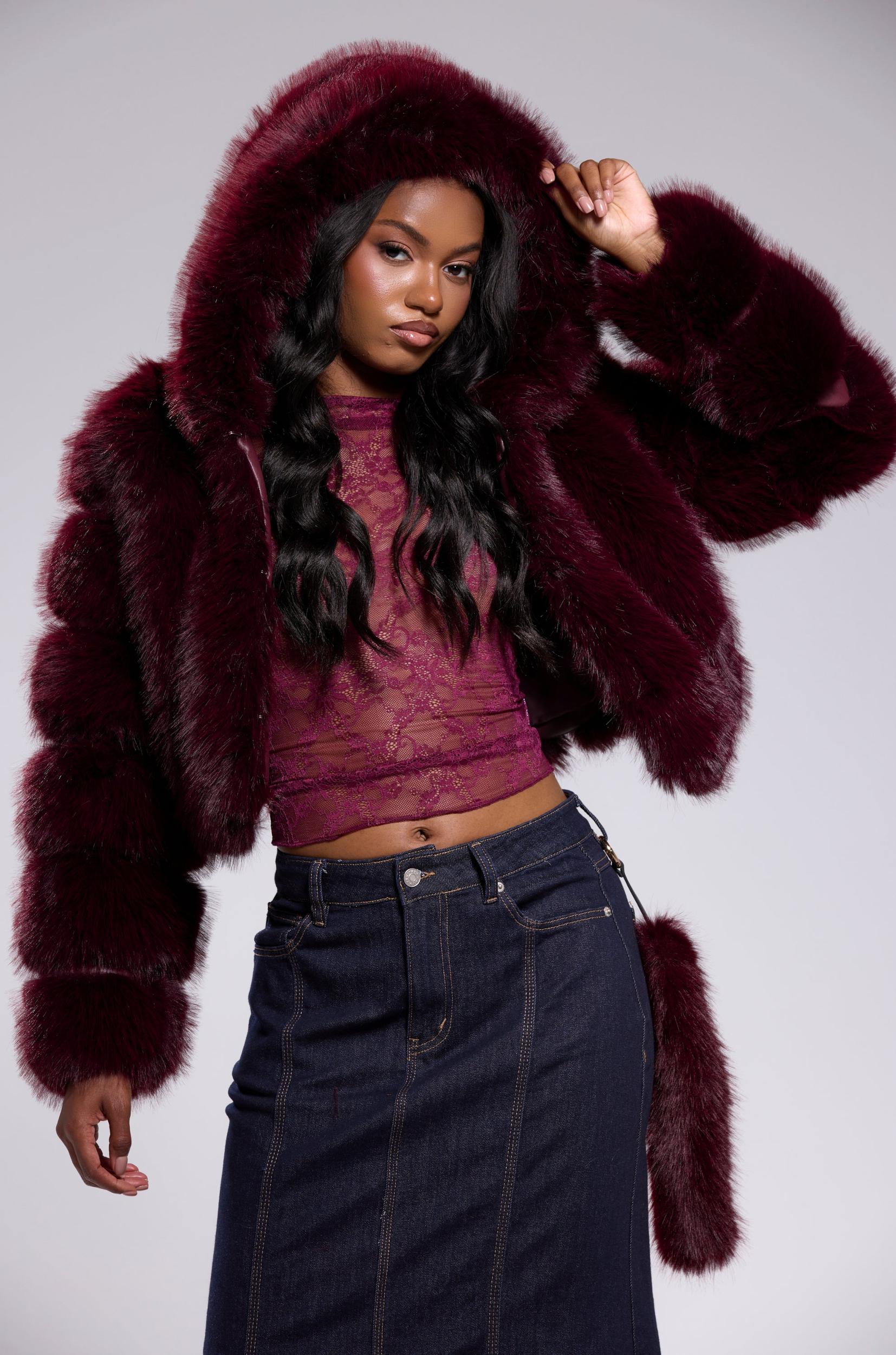JOLENE FAUX FUR COAT IN BURGUNDY Product Image
