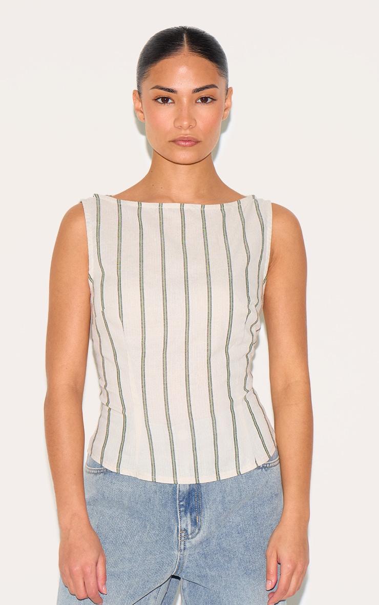 Petite White Woven Pinstripe Boatneck Top Product Image
