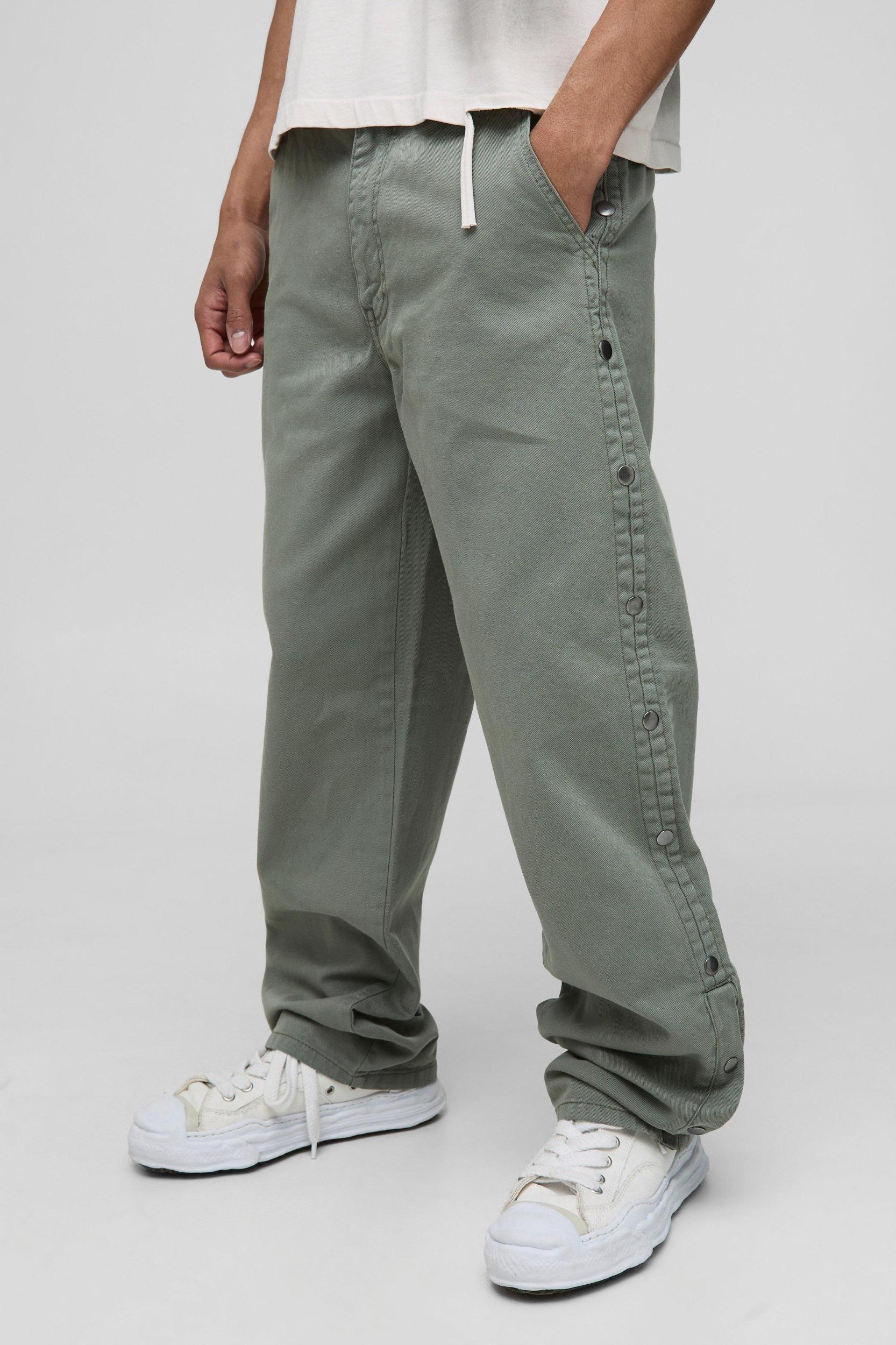 Relaxed Fit Overdyed Twill Popper Hem Trousers | boohooMAN USA Product Image