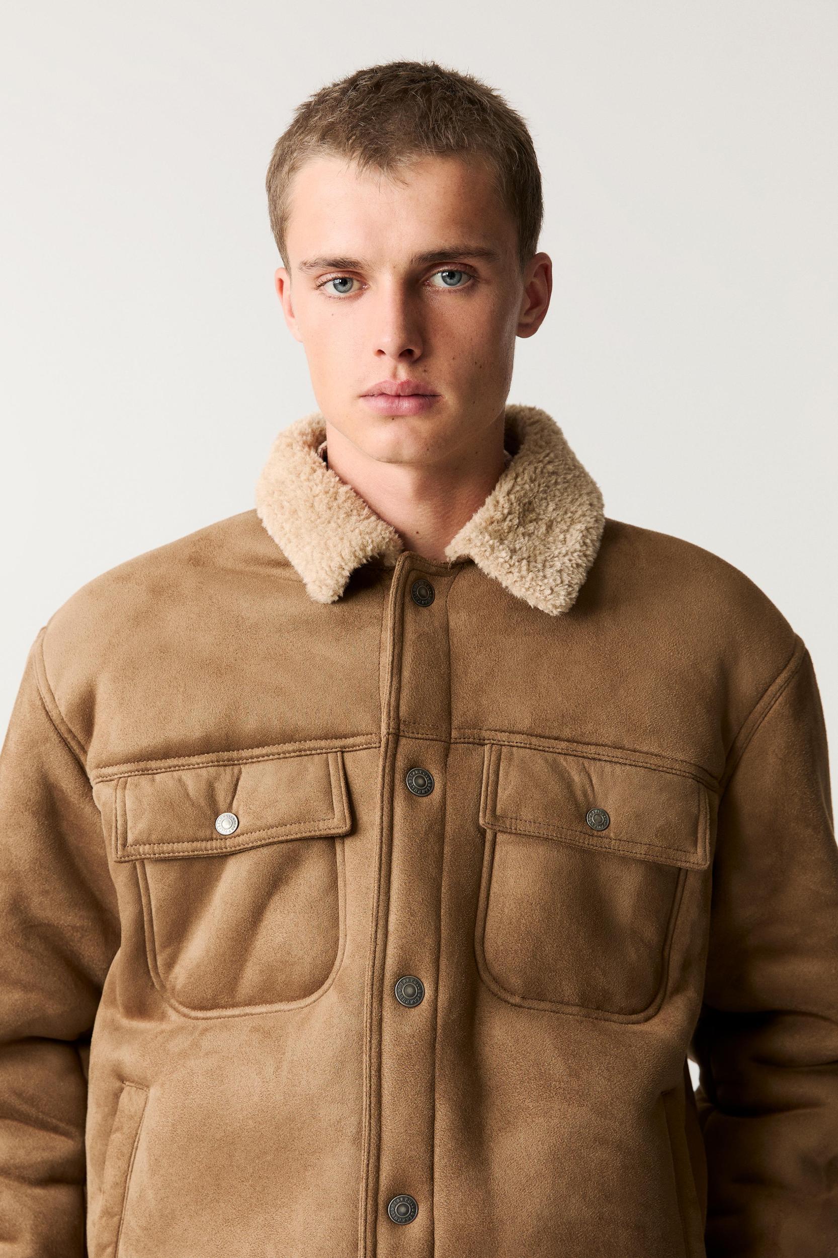 Faux suede jacket with faux shearling collar Product Image