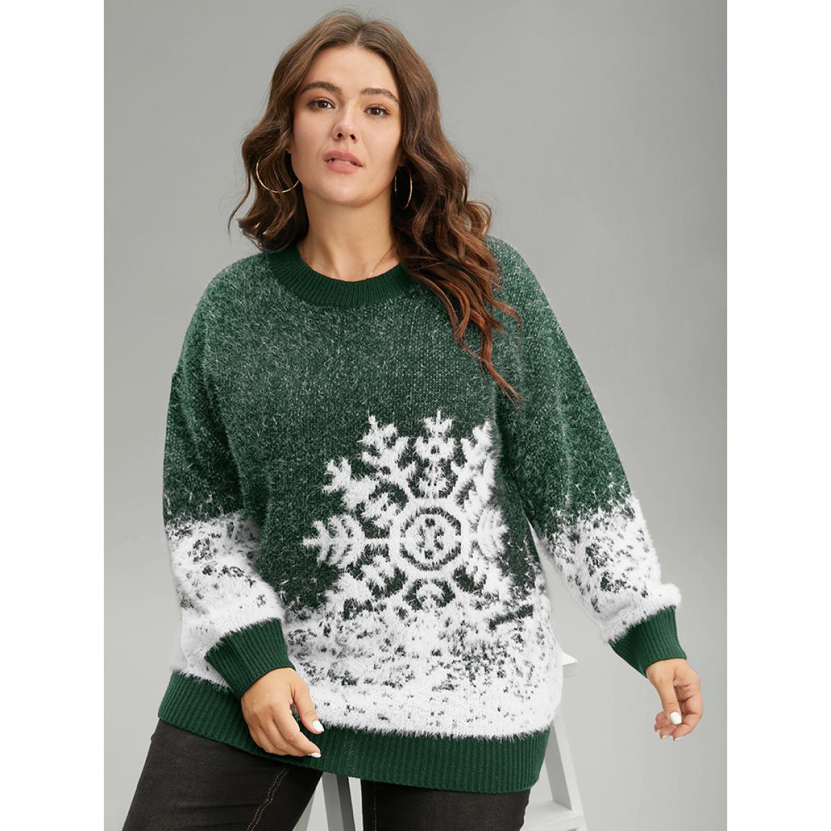 Plus Size Fuzzy Snowflake Elastic Cuffs Pullover DarkGreen Women Casual Loose Long Sleeve Round Neck Festival-Halloween Pullovers BloomChic 14-16/1X Product Image