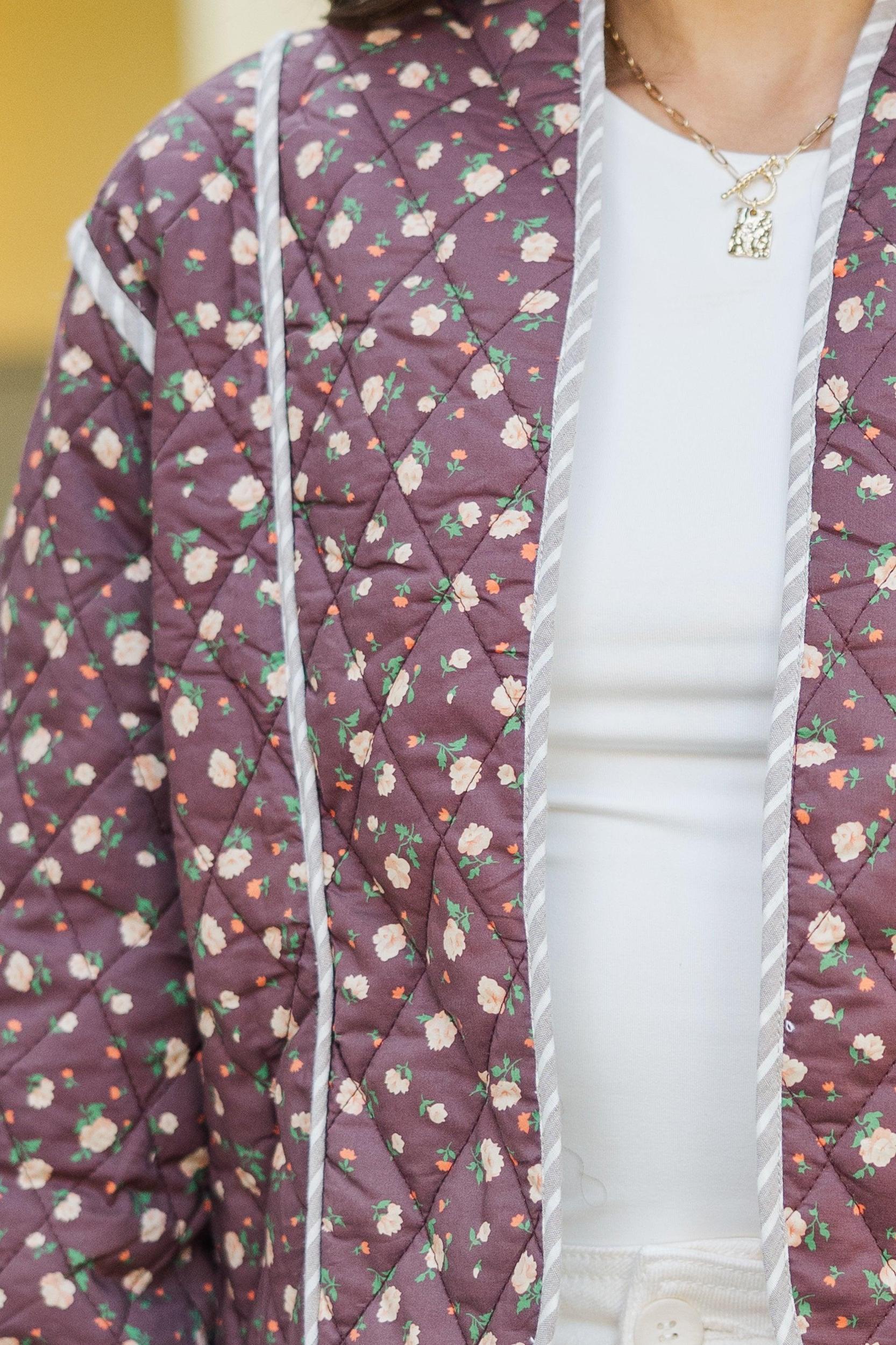 Open Your Heart Chocolate Ditsy Floral Quilted Jacket Female Product Image