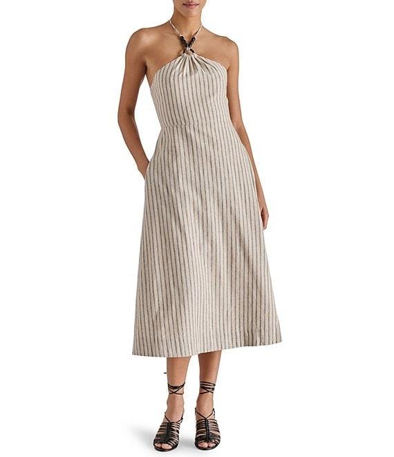 Steve Madden Mary Beth Woven Stripe Print Halter Neck Sleeveless A-Line Midi Dress Product Image