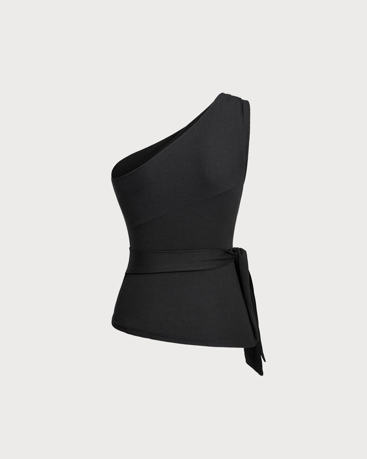 Black Knit One Shoulder Tee Product Image