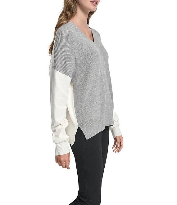 DKNY by Donna Karan Colorblock V-Neck Long Sleeve Sweater Product Image