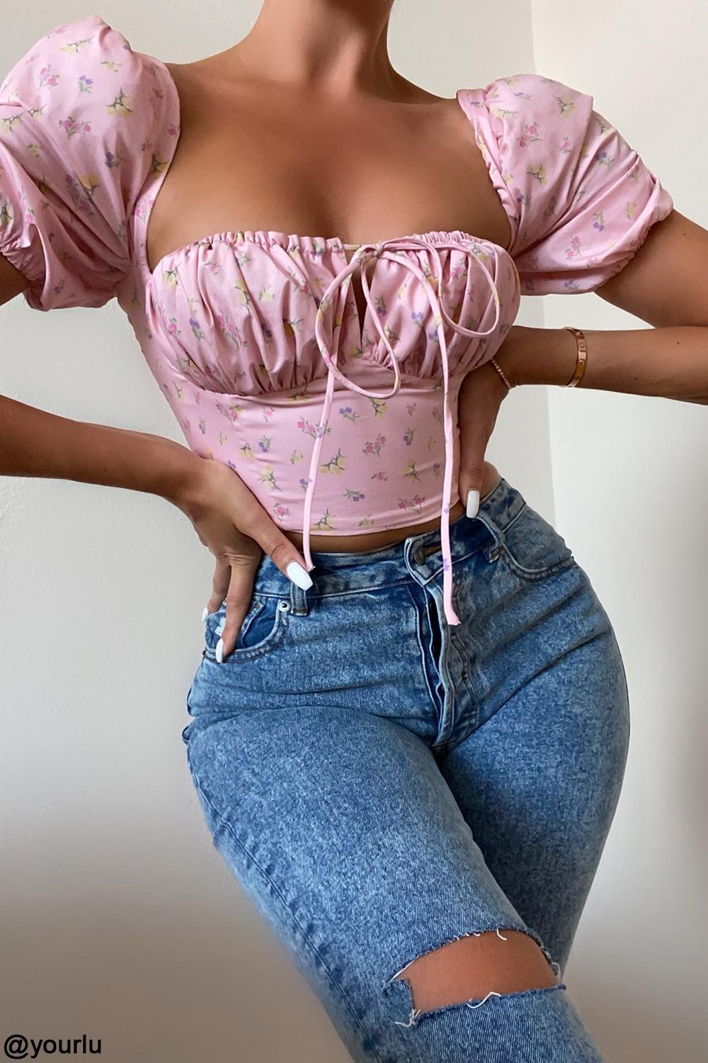 Arianna  pink floral puff sleeve corset Product Image