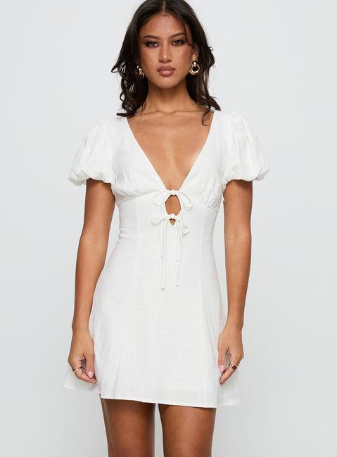 Beloved Puff Sleeve Linen Blend Mini Dress White Product Image