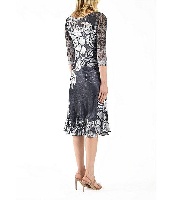 Komarov Floral Print Charmeuse Lace Boat Neck 3/4 Illusion Sleeve A-Line Dress Product Image