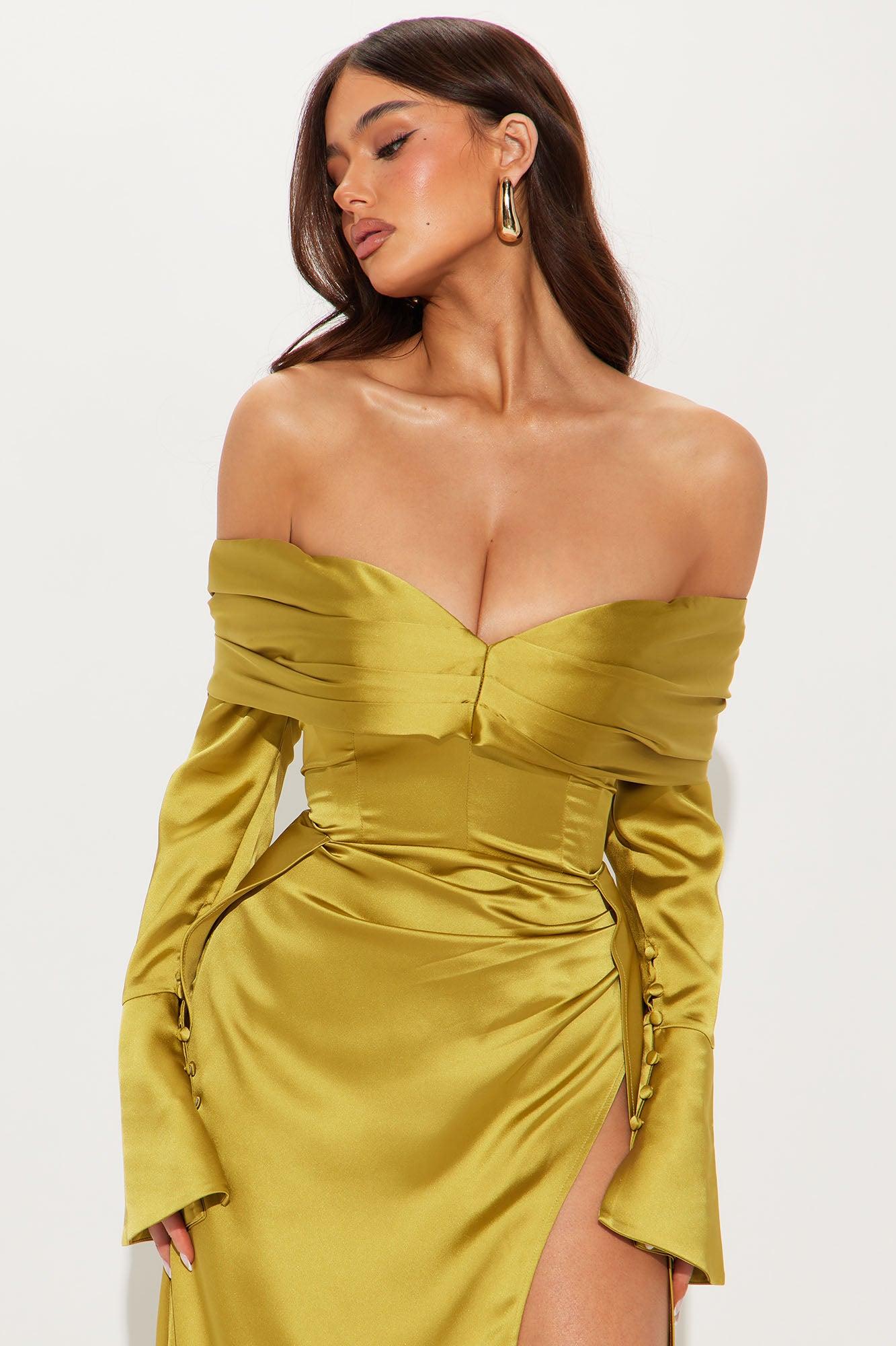 Kalena Off Shoulder Satin Maxi Dress - Chartreuse Product Image