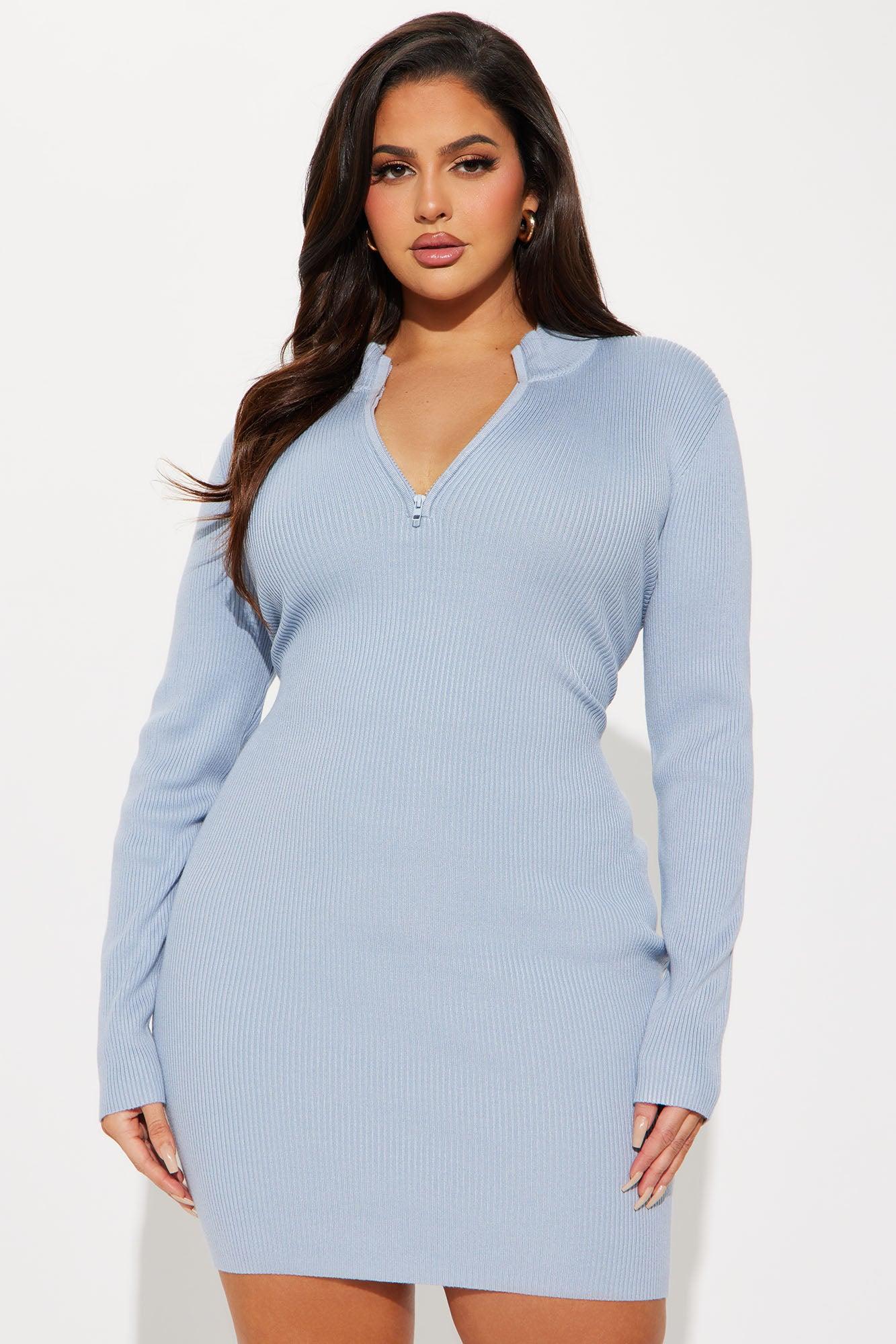 Kyana Zip Sweater Mini Dress - Light Blue Product Image
