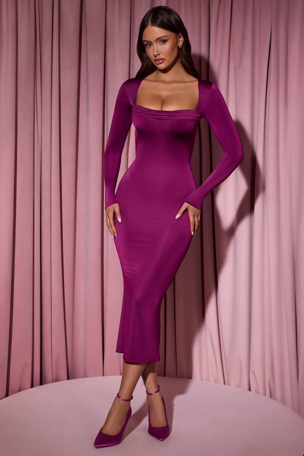 Cowl-Neck Long-Sleeve Midaxi Dress in Plum Product Image