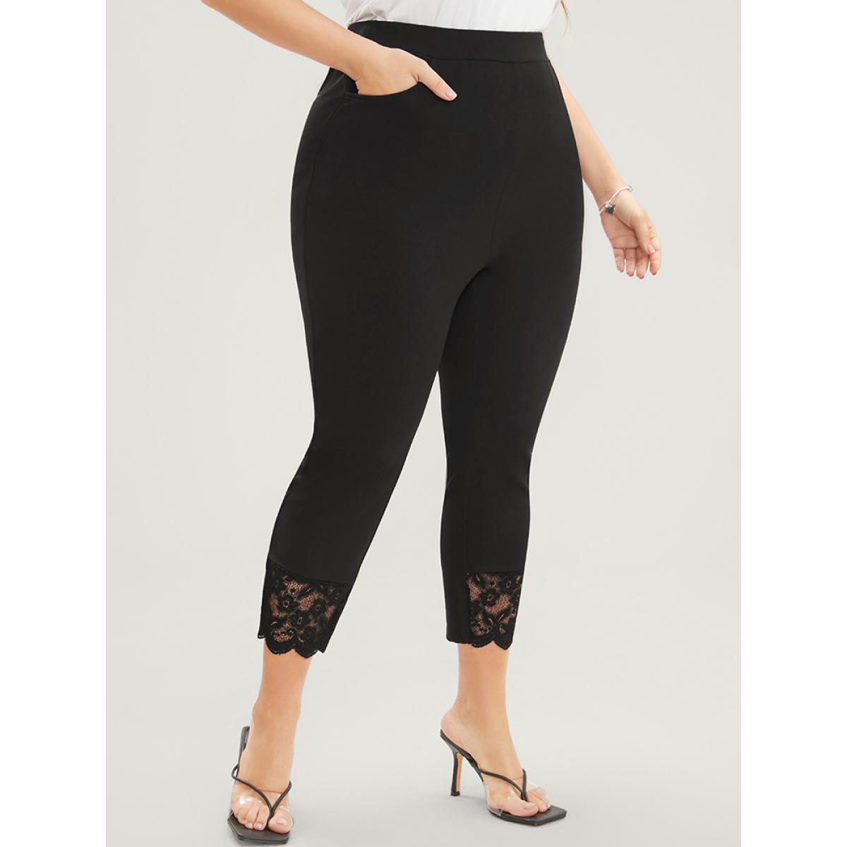 Plus Size Solid Scalloped Trim Elastic Waist Pocket Lace Hem Pants Women Black Elegant Bodycon High Rise Everyday Pants BloomChic 14-16/1X Product Image