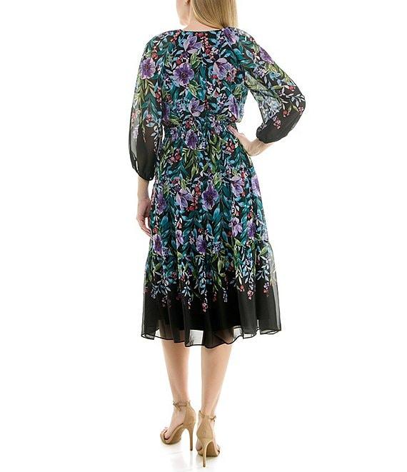 Moda Tara Chiffon V-Neck 3/4 Sleeve Floral Printed Midi Dress Product Image