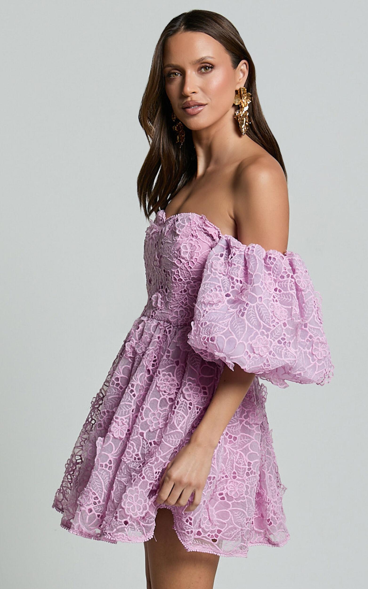 Amalie The Label - Lorena Sweetheart Off Shoulder Puff Sleeve Mini Dress in Purple Product Image
