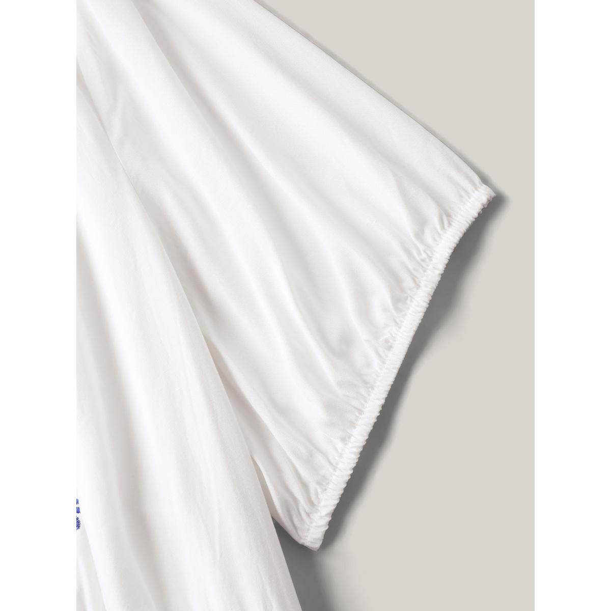 Plus Size Floral Embroidery Pockets Tassels Midi Dress Ivory Women Notched collar Short sleeve Curvy BloomChic 28/5X Product Image