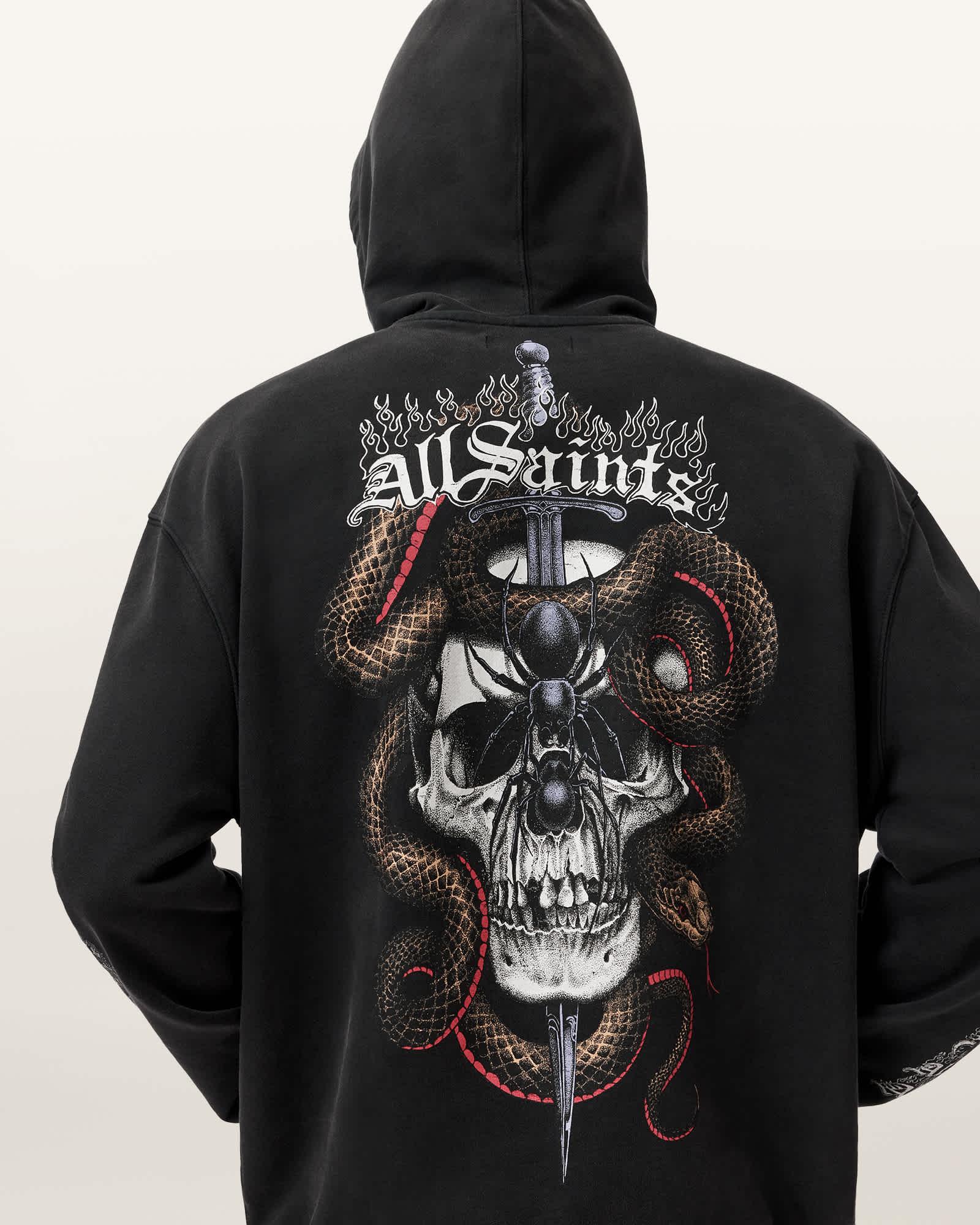 Araknid Long Sleeve Cotton Hoodie Washed Black | ALLSAINTS US Product Image