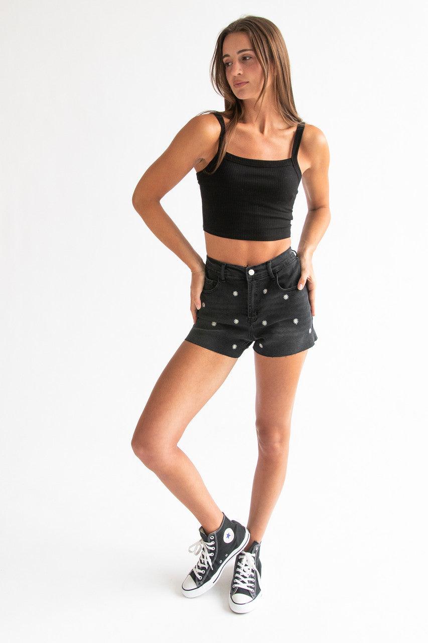 Embroidered Cut Off Denim Shorts Product Image