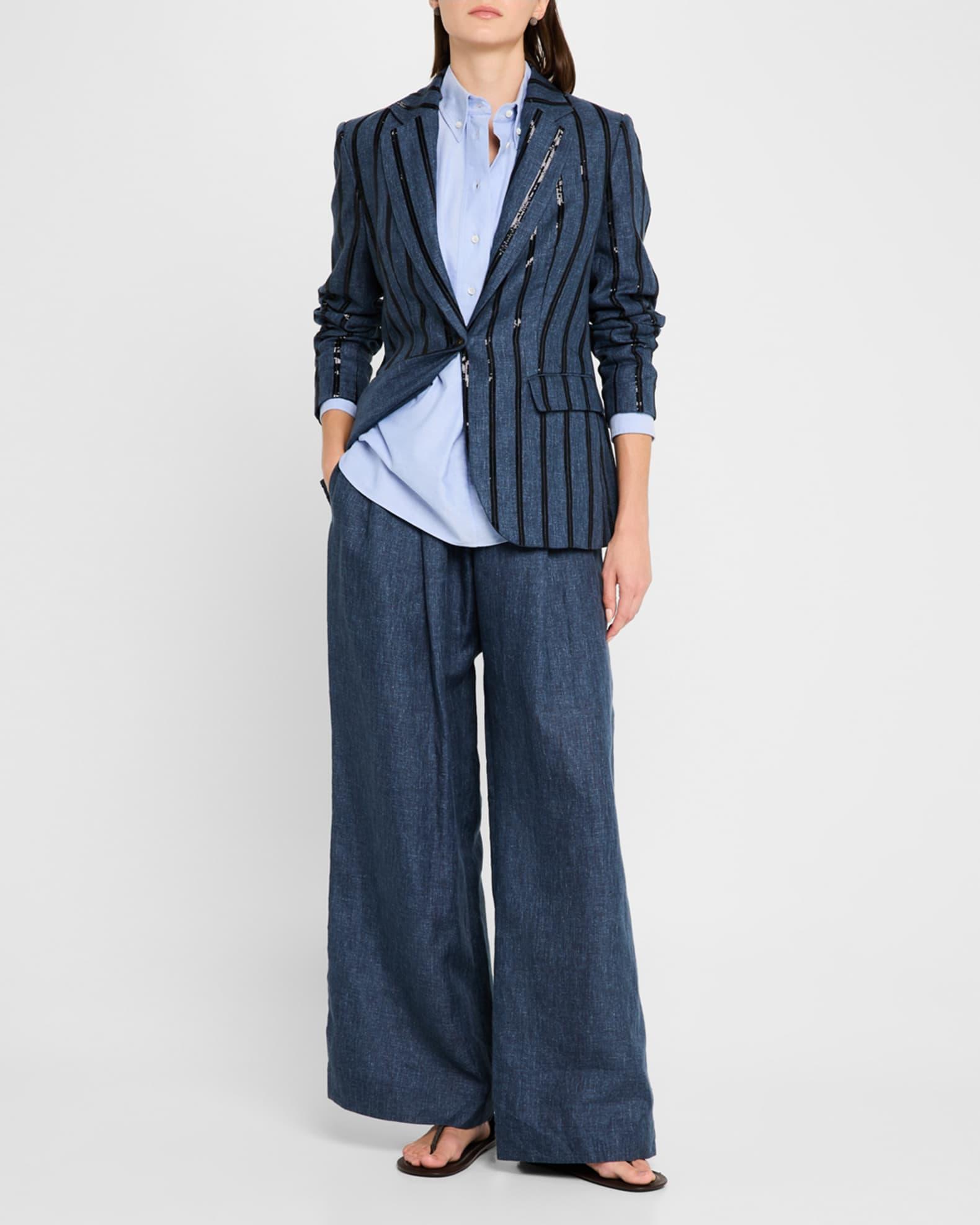 Denim-Effect Linen Wide-Leg Track Pants With Monili Belt Loop Product Image