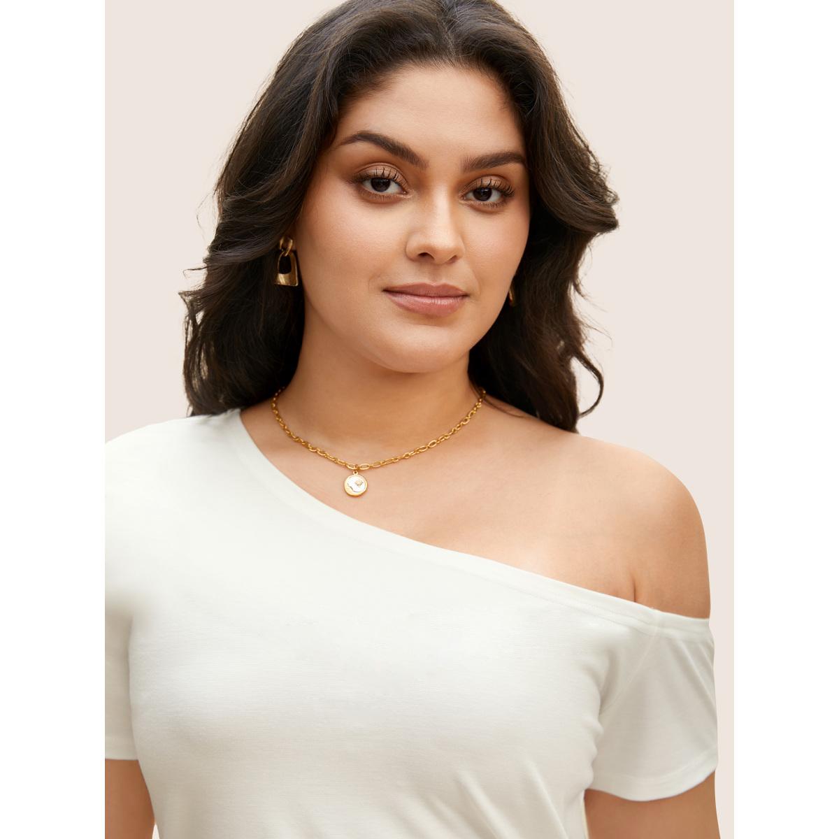 Plus Size One Shoulder Solid Gathered Knit T-shirt WhiteSmoke Women Elegant Gathered Asymmetrical Neck Bodycon Everyday T-shirts BloomChic 22-24/3X Product Image