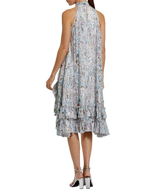 Mac Duggal Chiffon Floral Metallic Print Halter Neck Sleeveless Hi Low Ruffle Hem Shift Mini Dress Product Image
