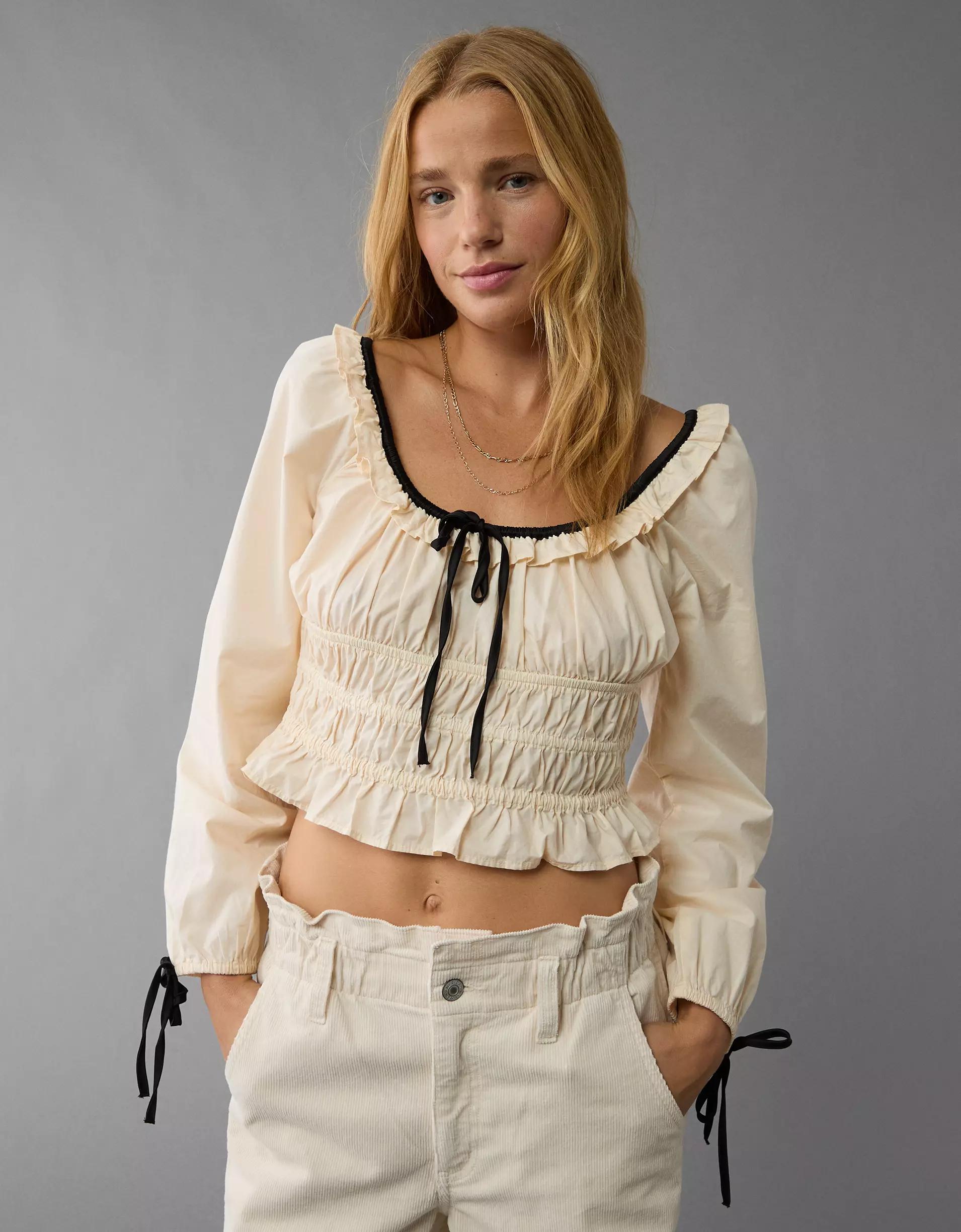 AE Long-Sleeve Ruched Poplin Blouse Product Image