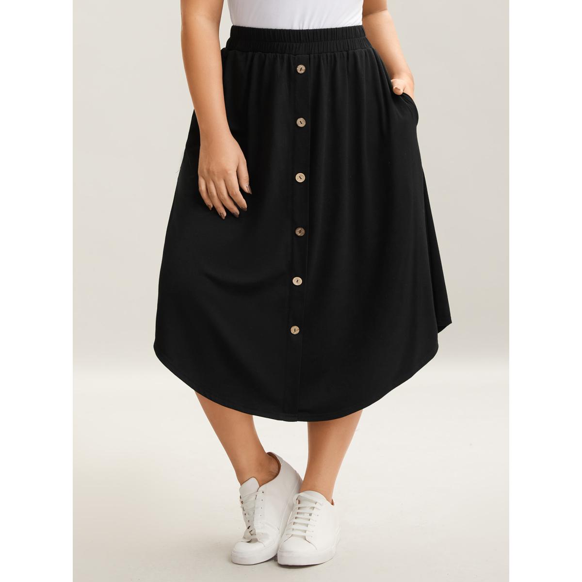 Plus Size Button Detail Hi-Low Hem Midi Skirt Women Black Elegant Bodycon Low stretch Side seam pocket Everyday Skirts BloomChic 26/4X Product Image