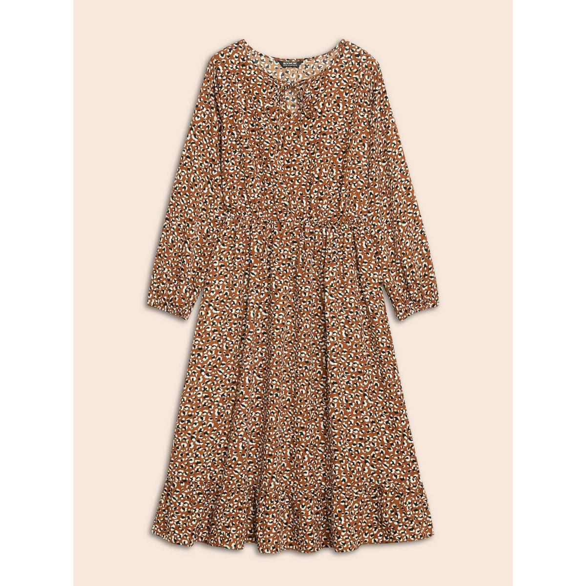 Plus Size Leopard Print Tie Knot Midi Dress Yellowishbrown Women At the Office Tie knot V-neck Long Sleeve Curvy BloomChic 18-20/2X Product Image