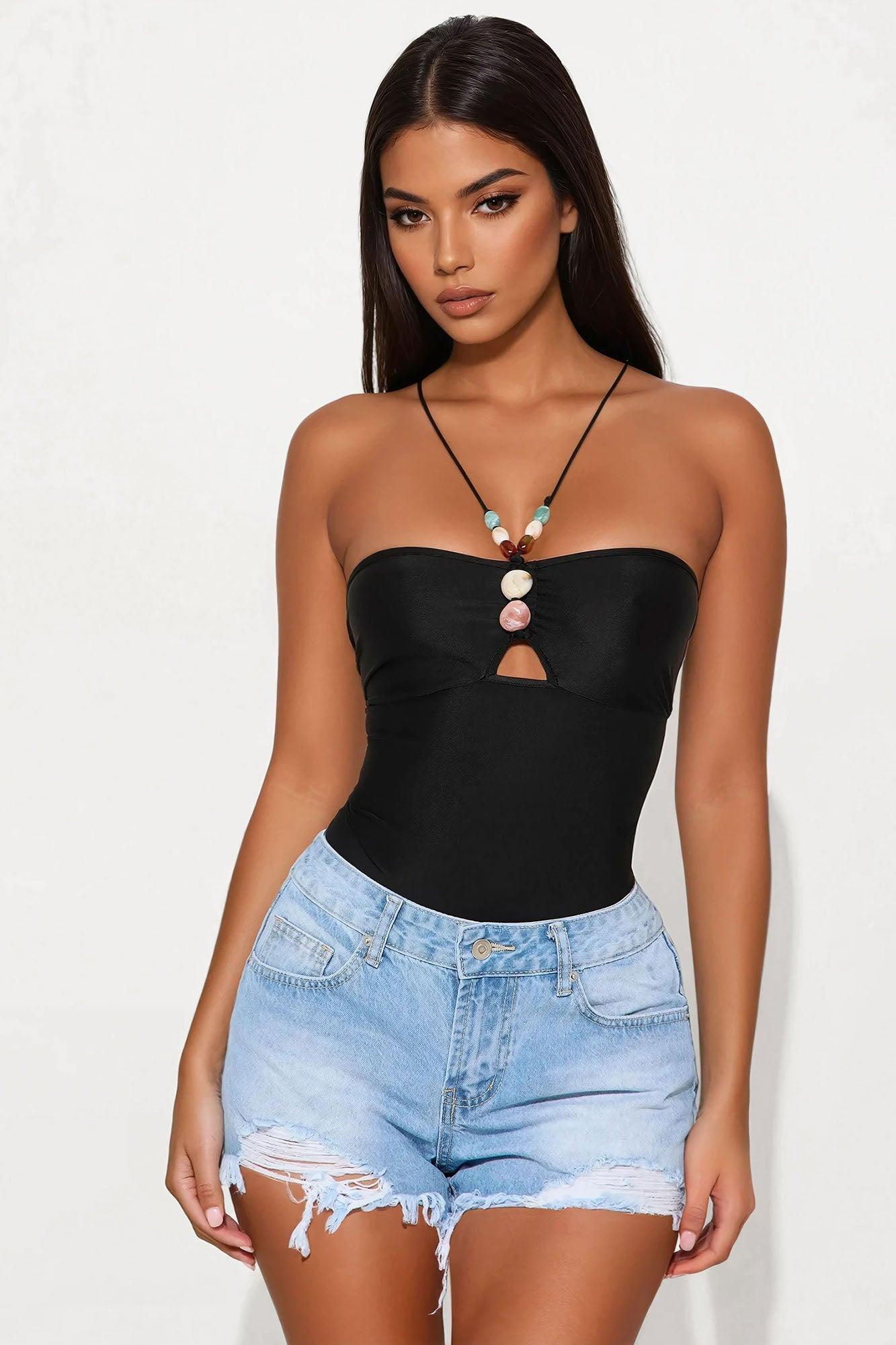 Leilani Y-Neck Beaded Bodysuit - Black Product Image