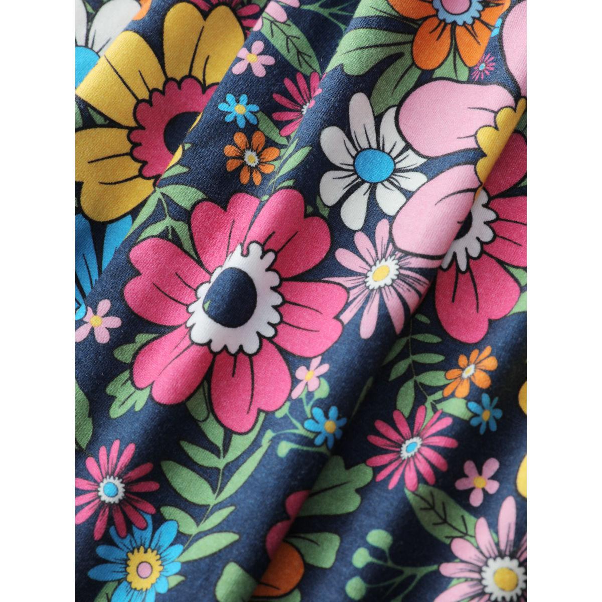 Plus Size DarkBlue Colorful Floral Pockets Knit Jumpsuit Women Playful Sleeveless Square Neck Casual Loose Jumpsuits BloomChic 26/4X Product Image