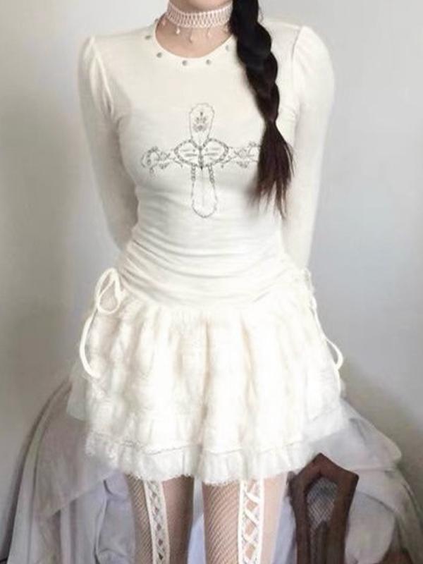 Rhinestone Print Drawstring Tiered Knit Mini Dress Product Image