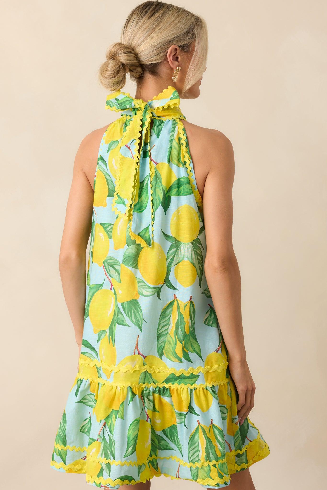 Prosperina Simone Blue Lemon Print Cotton Halter Mini Dress Product Image