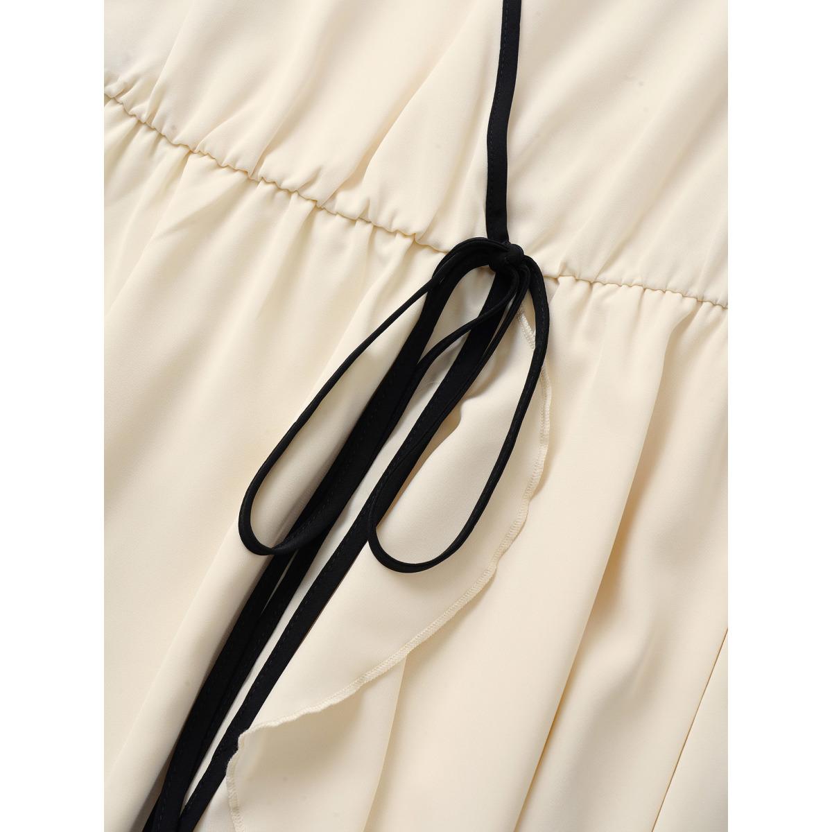 Plus Size Anti-Wrinkle Wrap Tiered Ruffles Contrast Ties Dress Beige Women At the Office Non Overlap Collar Short sleeve Curvy Midi Dress BloomChic 30/6X Product Image