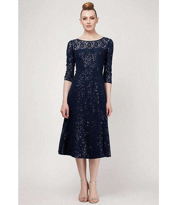 Ignite Evenings Sequin Lace Round Neck 3/4 Sleeve Midi Dress Product Image