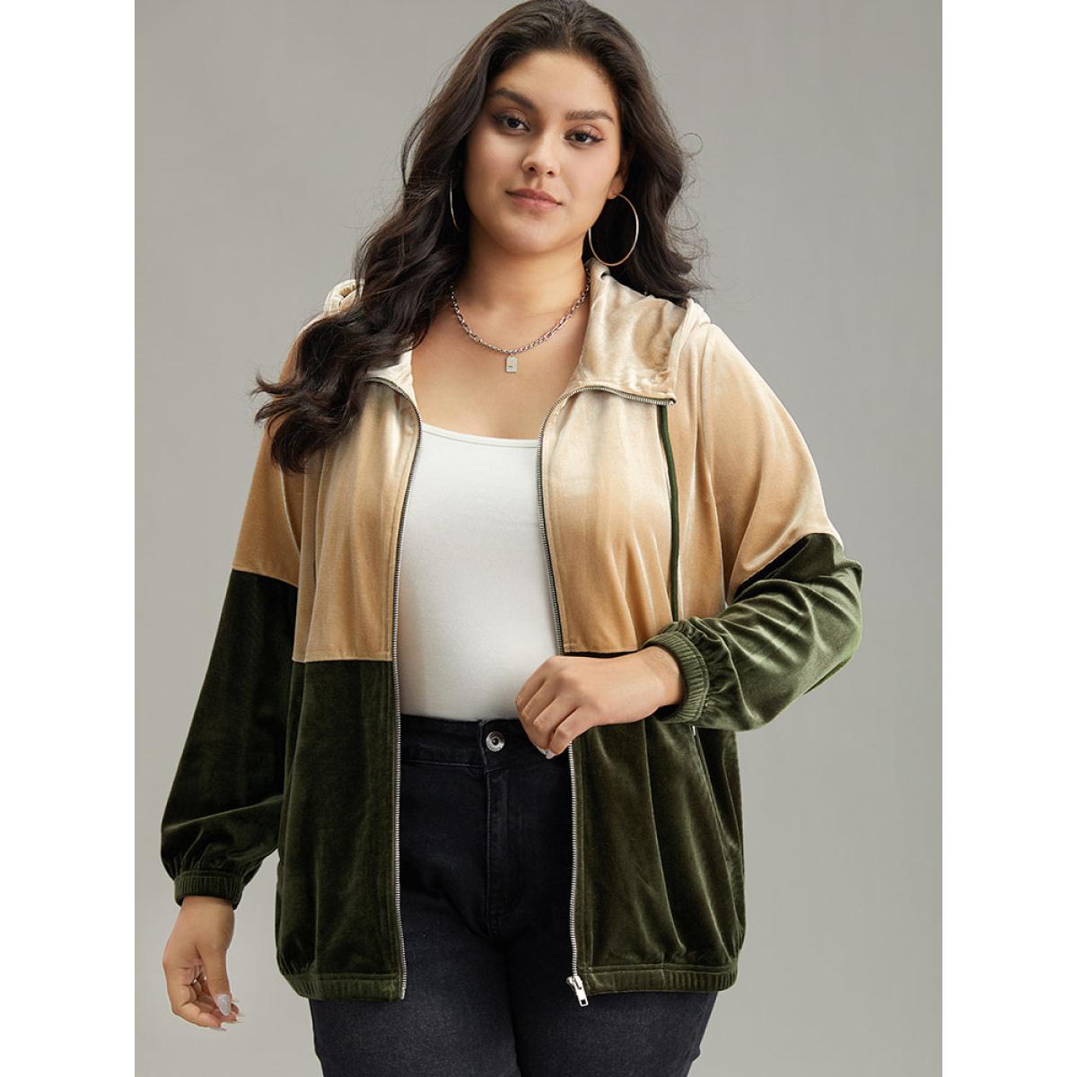 Plus Size Velvet Contrast Hooded Slant Pocket Jacket Women ArmyGreen Velvet Pocket Dailywear Jackets BloomChic 30/6X Product Image