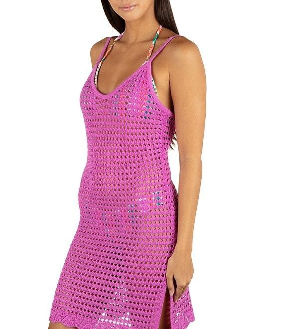Hurley Solid Crochet Knit V-Neck Spaghetti Straps Swim Cover-Up Mini Dress Product Image