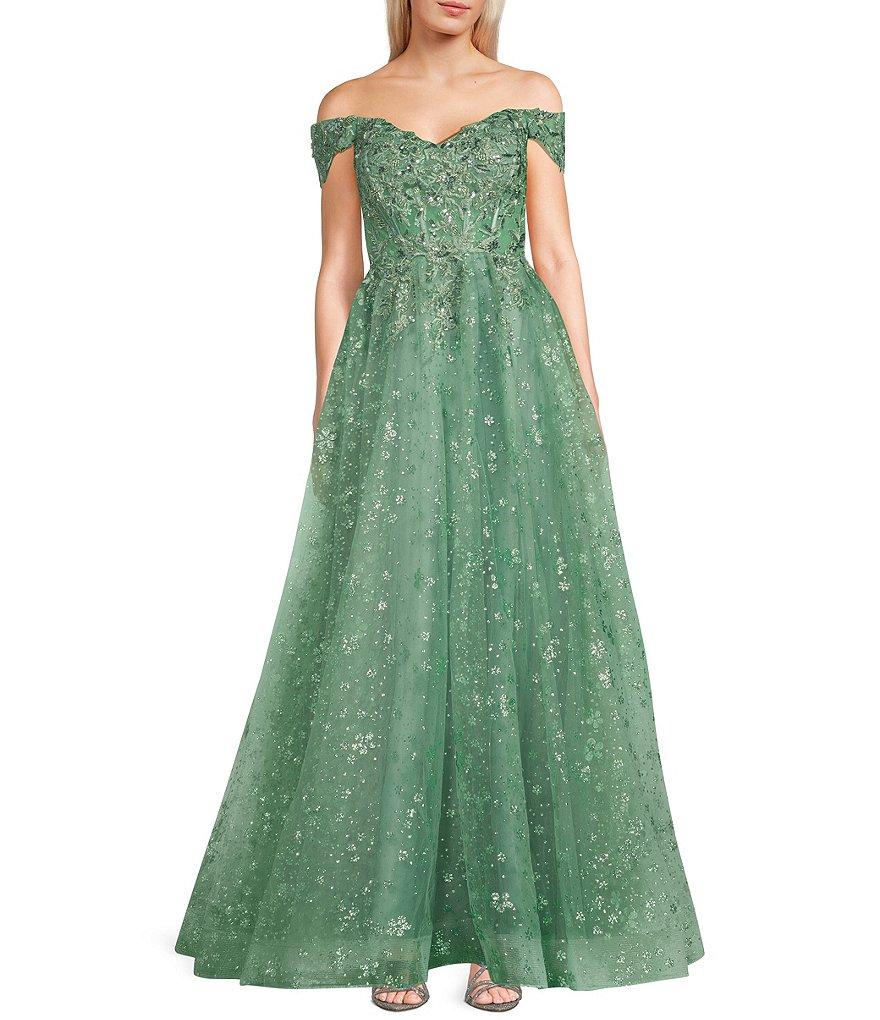 B. Darlin Patterned Glitter Mesh Sweetheart Neck Off-The-Shoulder Dress Product Image