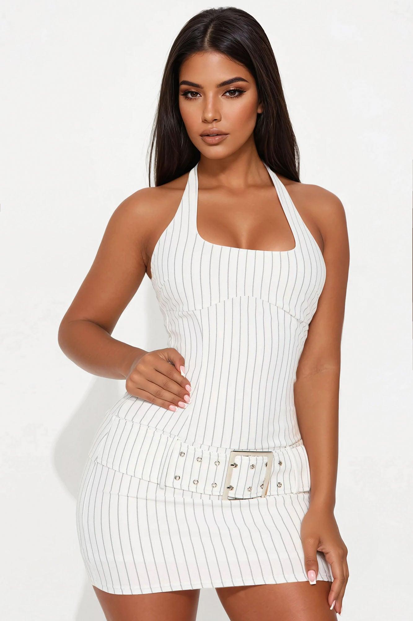 Kristen Pinstripe Halter Mini Dress - White Product Image
