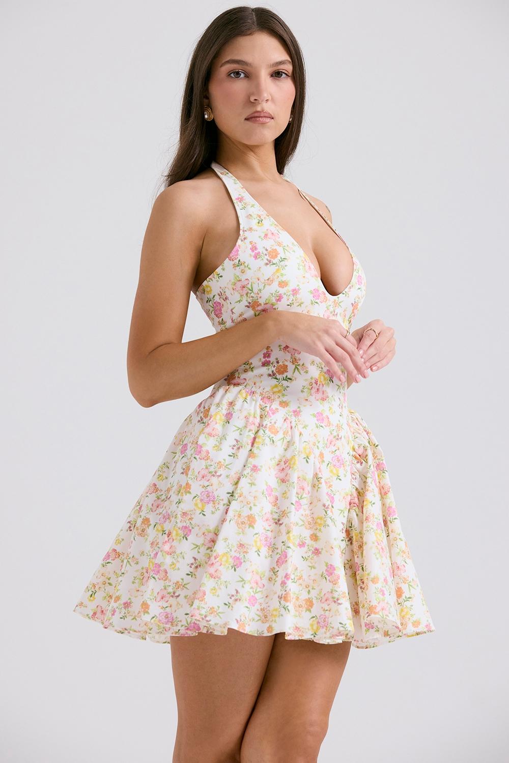 Valentia  ivory meadow print cotton halter mini dress Product Image