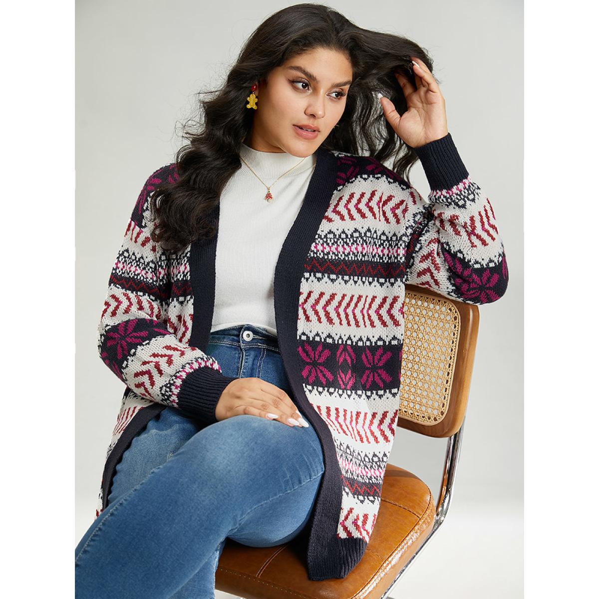 Plus Size Geo Print Open Front Patchwork Cardigan Multicolor Women Casual Loose Long Sleeve Festival-Christmas Cardigans BloomChic 14-16/1X Product Image