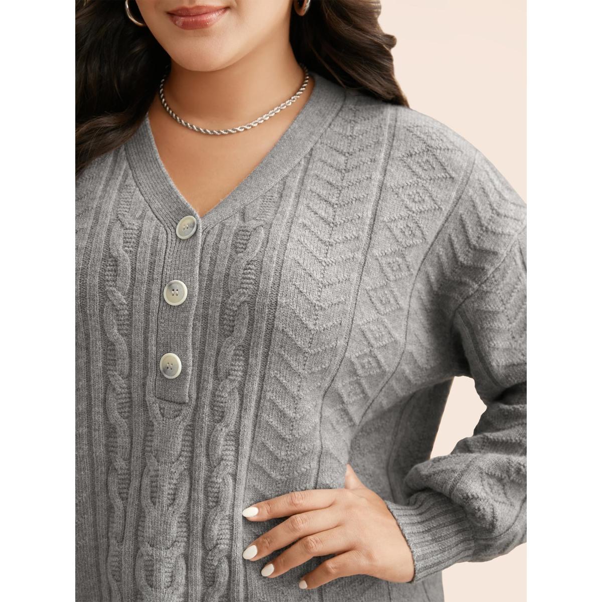 Plus Size Supersoft Essentials Cable Knit Button Up Pullover Mediumgray Women Leisure Loose Long Sleeve V-neck Casual Pullovers BloomChic 12/L Product Image