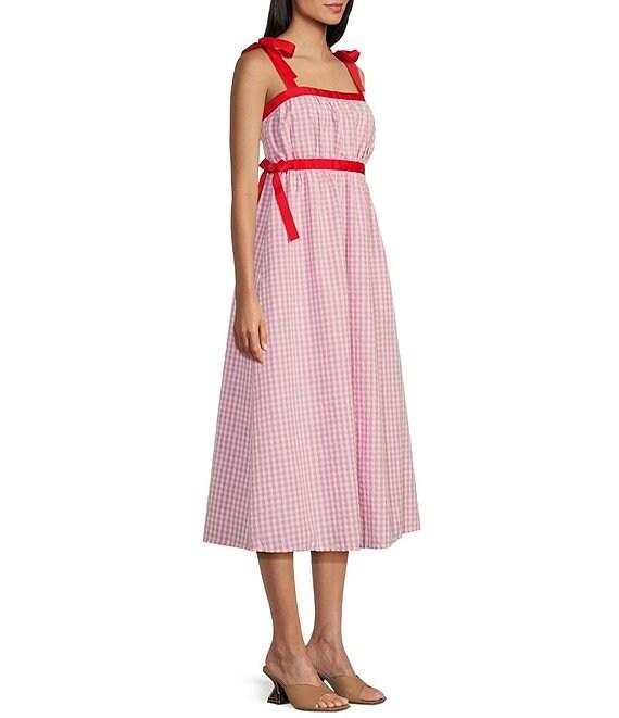 TCEC Gingham Square Neck Tie Shoulder Midi Dress Product Image