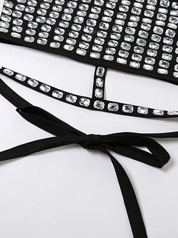 Rhinestone Decor Tie Up Backless Halter Vest Product Image