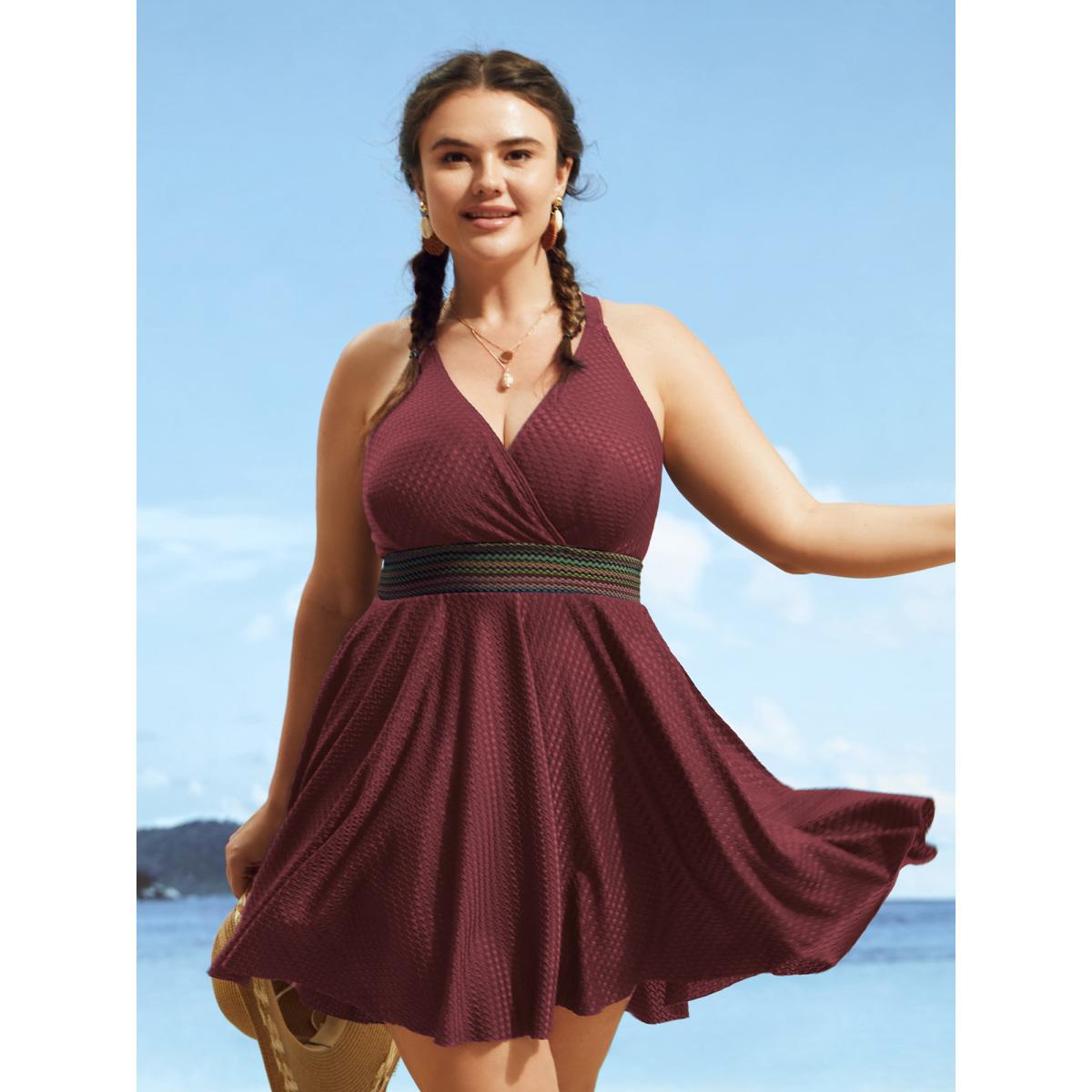 Plus Size Overlap Collar Textured Gathered Pocket Swim Dress Women's Swimwear Deepred Beach Bodycon Overlap Collar High stretch Curve Swim Dresses BloomChic 26/4X Product Image