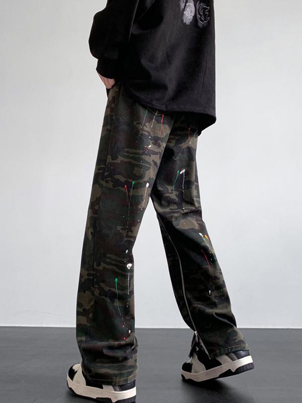 Men's Camo Splash Ink Print Side Zip Up Loose Jeans Product Image