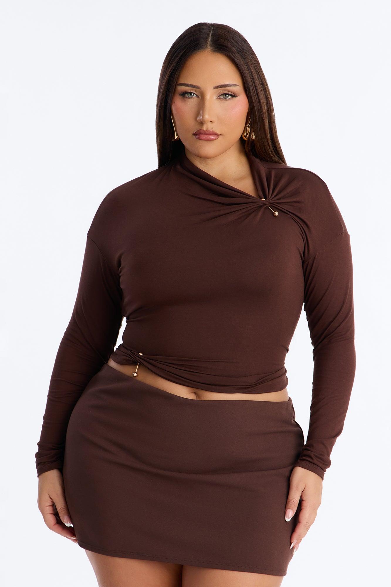 Pin Me Asymmetrical Neck Long Sleeve Top - Brown Female Product Image